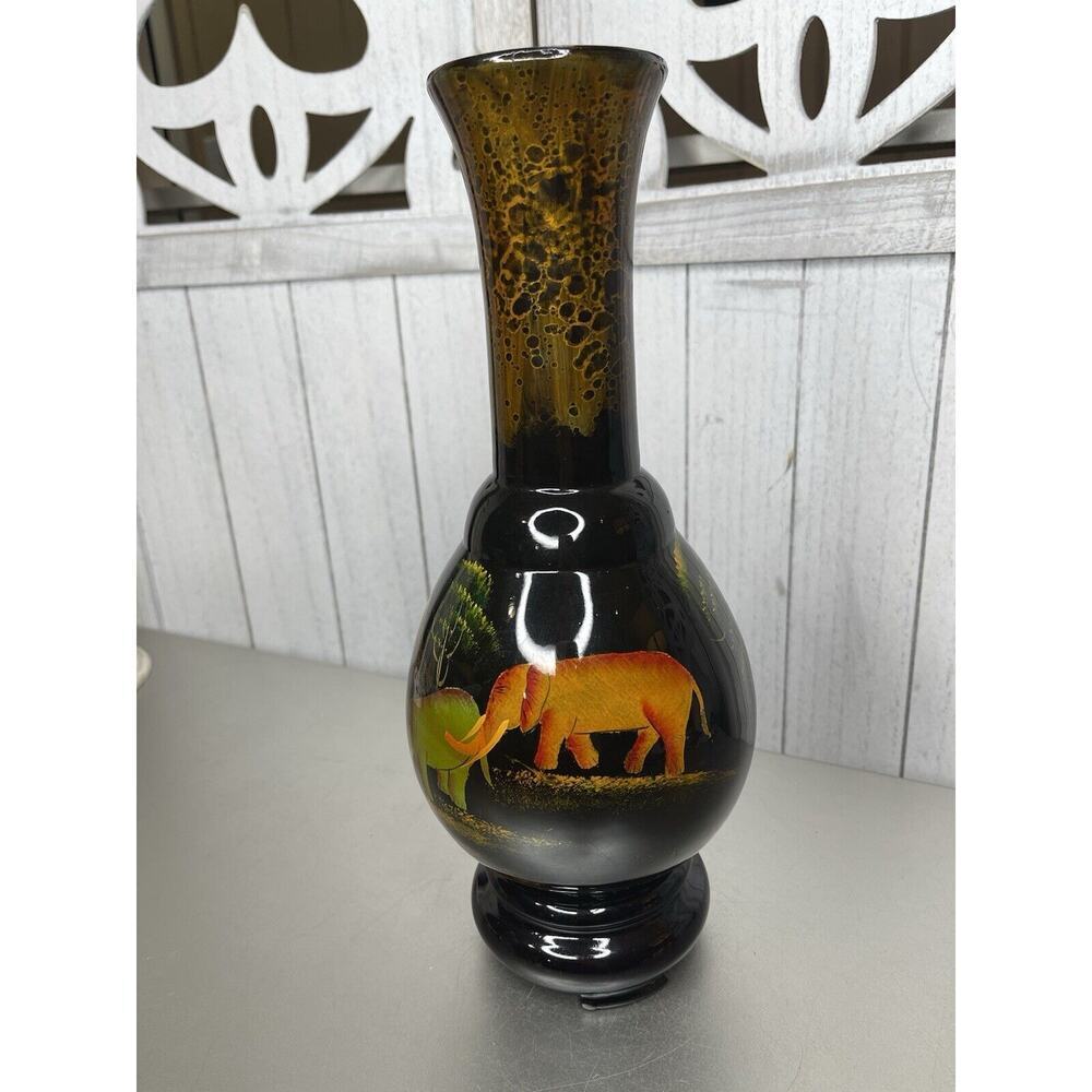 VINTAGE Chinese Lacquer Wooden Vase HAND PAINTED Elephants DECOR